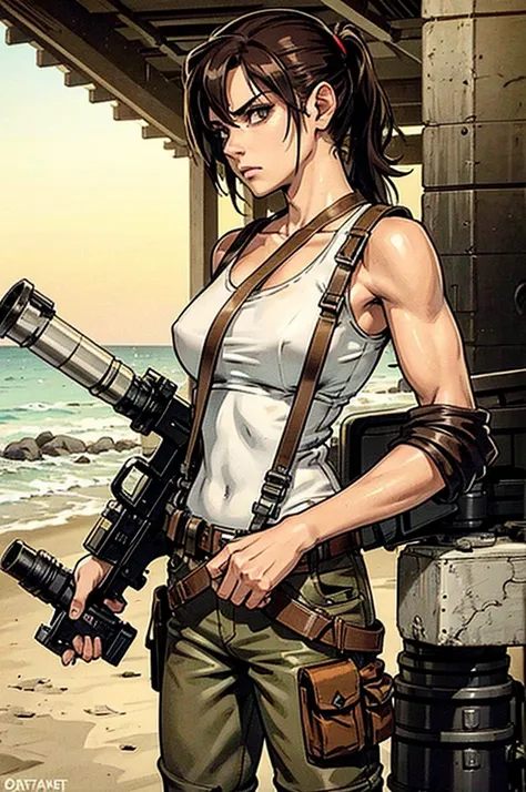 a military woman, well trained body, white sleeveless t-shirt, Exposed collarbone, beige leather shelter, blue pants, two leather belts with gun pockets, dark brown hair, carving, Brown eyes, hazel left eye, left eye with a scar, beach shore, at daytime, g...