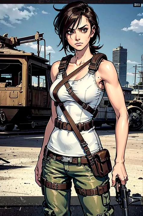 a military woman, well trained body, white sleeveless t-shirt, Exposed collarbone, beige leather shelter, blue pants, two leather belts with gun pockets, dark brown hair, carving, Brown eyes, hazel left eye, left eye with a scar, beach shore, at daytime, g...