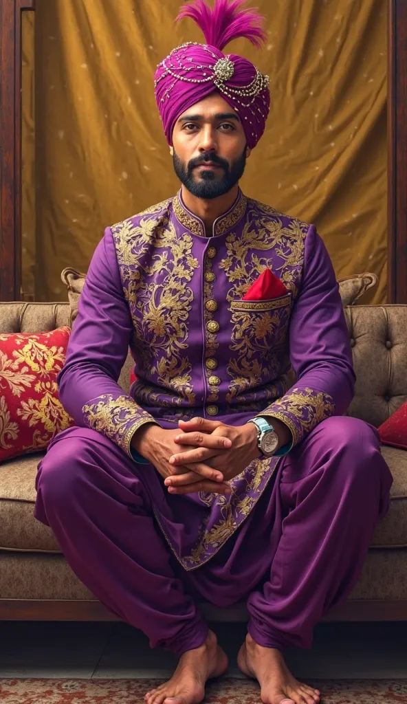 "A confident man sits on a sofa in front of a patterned dark yellow curtain. He wears a traditional Indian purple sherwani with intricate golden designs, paired with a matching turban adorned with a bright pink feather and decorative embellishments. A smal...