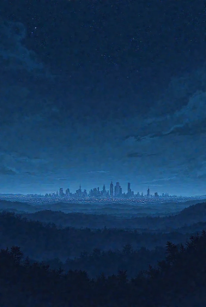 dibujo de anime, Landscape of a city that can be seen far away without people, Cloud-free dark sky. 