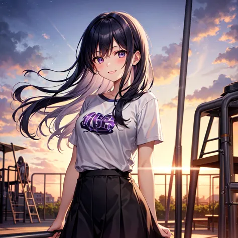 A high school girl with long, blackish-blue hair and purple eyes stands in a playground at twilight, wearing a T-shirt and smiling. The evening sun casts a warm glow over the scene, creating a serene and nostalgic atmosphere as the day transitions into nig...