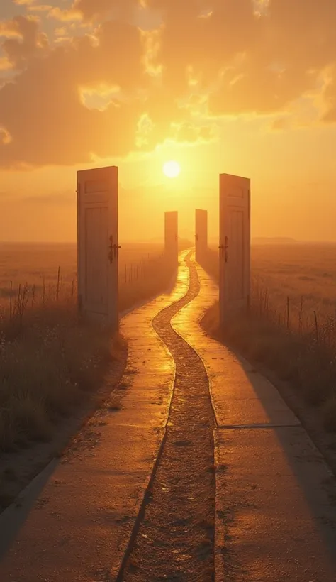 A long, deserted road at sunset, with multiple open doors along the path, representing opportunities. Some doors are already closing, symbolizing missed chances.