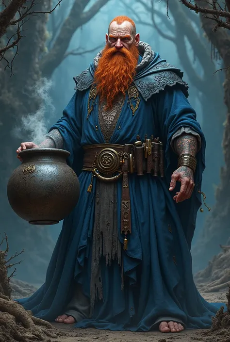 Strong, tattooed old man with a beard and red hair and medieval blue robes carrying a cauldron