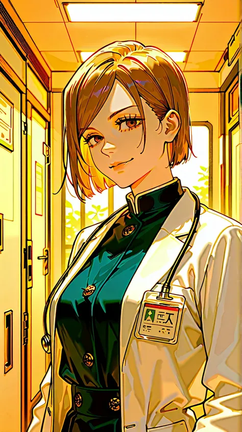 1 girl,(solo), (masterpiece:1.2), (high quality:1.0),looking at viewer, (ultra detailed),smile, bob haircut, brown_hair, hazel_eyes, Nobara Kugisaki as a medicine doctor in a hospital