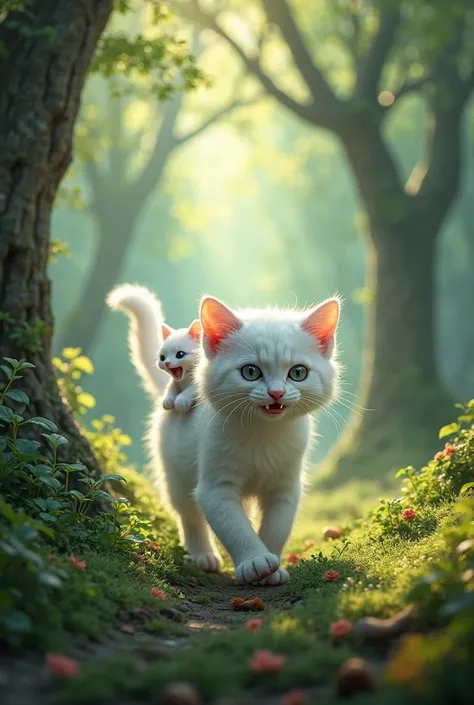 a bright white kitten that is a vampire, he takes his non-vampire kitten to a forest jumping through the branches of the trees with the kitten on his back
