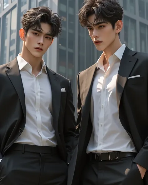 Korean men, Muscular body,, white, yellow, , Wear a button-down suit, show off your muscles, standing in front of a black glass building,Morning atmosphere