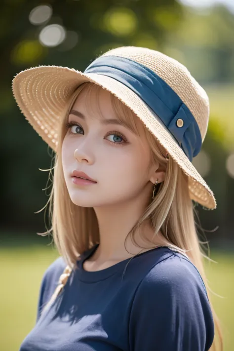  portrait of a blond girl in a blue hat and blue shirt