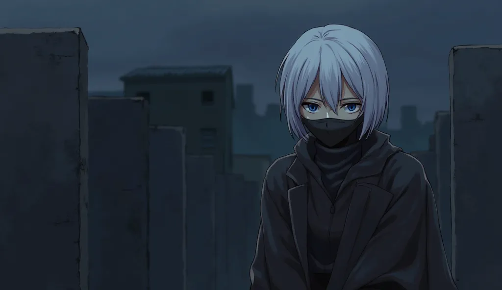  Solo, a young Japanese girl (1:3), with short white hair, on top of dark walls (1:5), quiet, Blue eyes,  anime style, veiled, assassin uniform, maskered, crouch, serious, mysterious, High Resolution, High Quality, HD, 