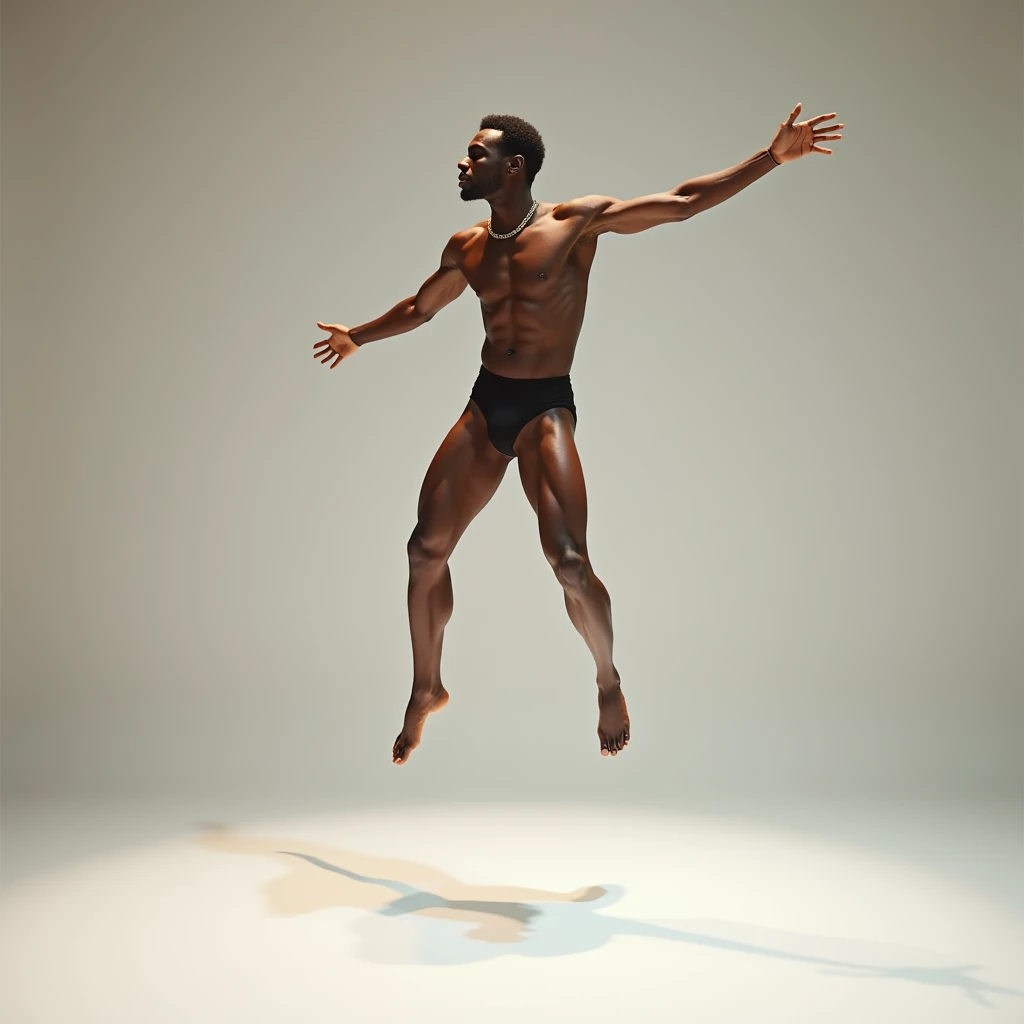 📸 A fair-skinned black man floating in the studio, as if it were without gravity. Your body is in a dynamic position, as if it were levitating in space, but the lighting is from a fashion studio. The bright light highlights the contours of the body and the...