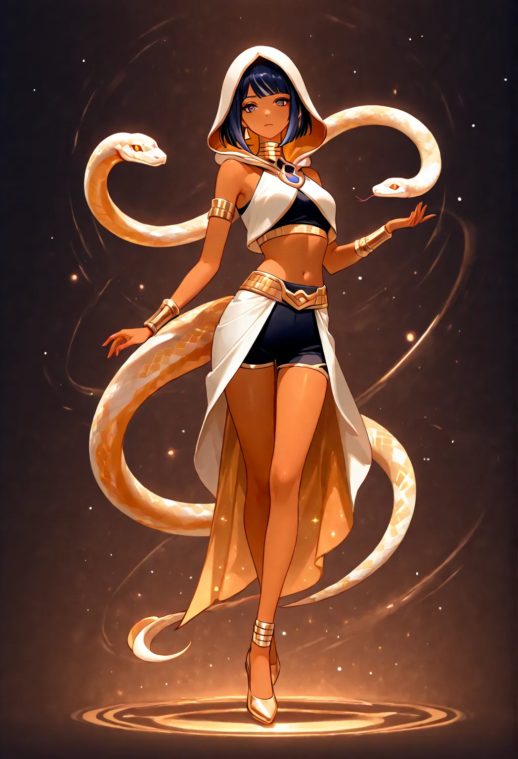 Anime Woman with short black hair, with orange celestial space skin, with short sleeveless crop top connected to neck, with hood shaped like a snake, with snake underbelly, with snake tail, with skirt and shorts, with Egyptian styled shoes, genshin impact ...