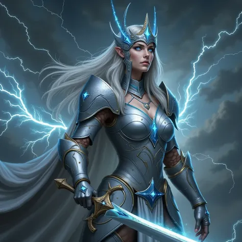 A celestial warrior, Vaelis, the Radiant Titan, daughter of the storm god, depicted in a close-up view with an imposing yet elegant presence. She wears sleek silver and storm-blue armor, seamlessly adorned with glowing veins of crackling lightning and intr...