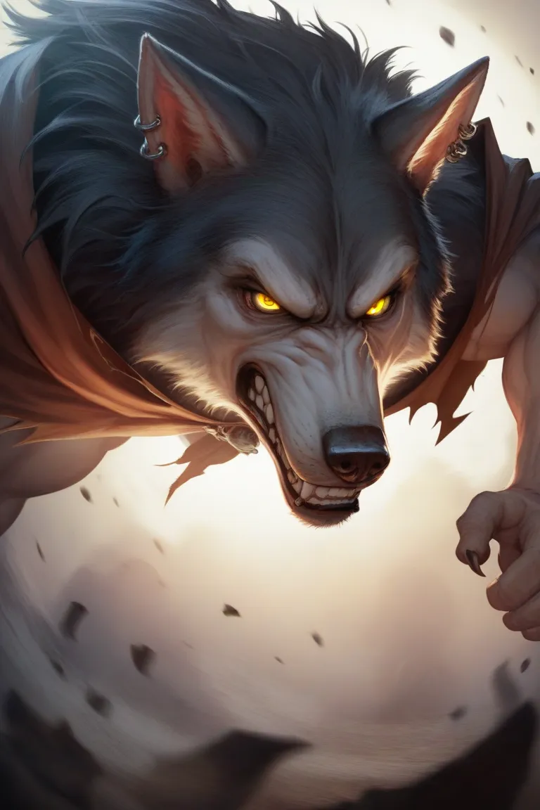 Creature, black wolf head, yellow eyes, angry face, humanoid body, ripped cape