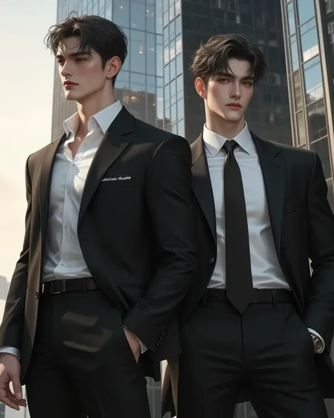 Korean men, Muscular body,, white, yellow, , Wear a button-down suit, show off your muscles, Standing in front of a black glass building,Morning atmosphere