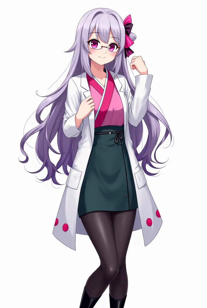 Anime Style, Woman, Mature, Tall, Serene Pose, Smile, Vibrant Colors, Full Body Image, Vibrant Pink Eyes, Silver And Dark Purple Hair, Long And Wavy Hair, Bangs, Modern And Fitted Kimono Mixing Traditional White With Pink And Purple Details, Open And Styli...