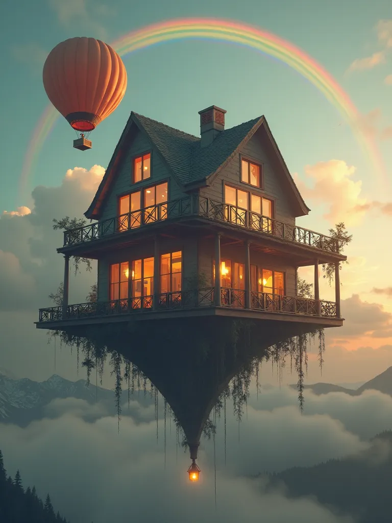 A three story house with large windows is suspended in the sky, a rainbow appears on it, and there is an air balloon floating next to it. The style features soft lighting effects, warm tones, and a frontal perspective that creates a dreamy atmosphere. It w...