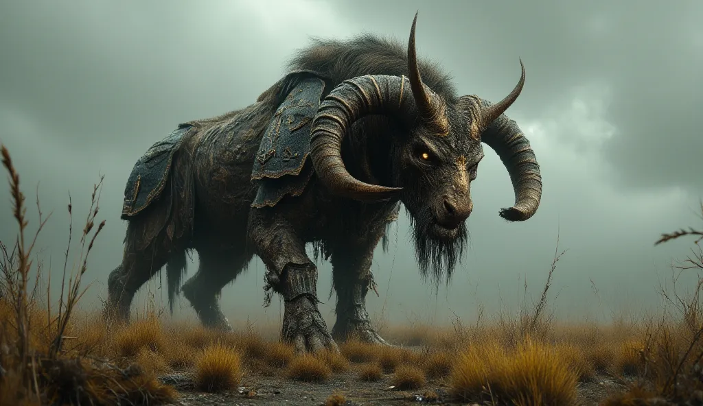 A creepy large minotaur with a gold nose ring. The minotaur has a two-handed medieval axe in his hands. The Minotaur is armored. gloomy lighting. dark yellow grass. The sky is covered with clouds. A gloomy wasteland. Horror.