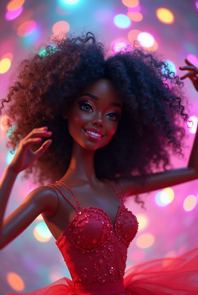 Black Barbie doll with curly hair dancing amidst colorful lights