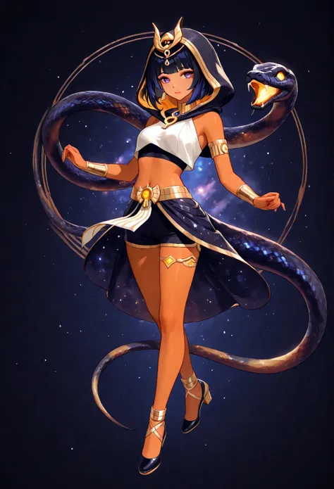 Anime Woman with short black hair, with orange celestial space skin, with short sleeveless crop top connected to neck, with hood, with snake underbelly, with snake tail, with skirt and shorts, with Egyptian styled shoes, genshin impact style 