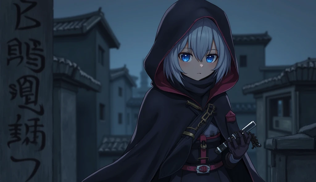  Solo, a young Japanese girl (1:3), with short white hair, on top of dark walls (1:5), quiet, Blue eyes,  anime style, hood, veiled, assassin uniform, bringing kukri dagger, maskered, serious, mysterious, High Resolution, High Quality, HD, 