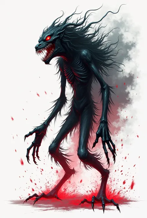 Wendigo almost large and not very strong red,with a monstrous mouth with sharp teeth,red eyes,with a black and red aura on the body, long legs, in fighting pose, on white background, standing,2D anime version 