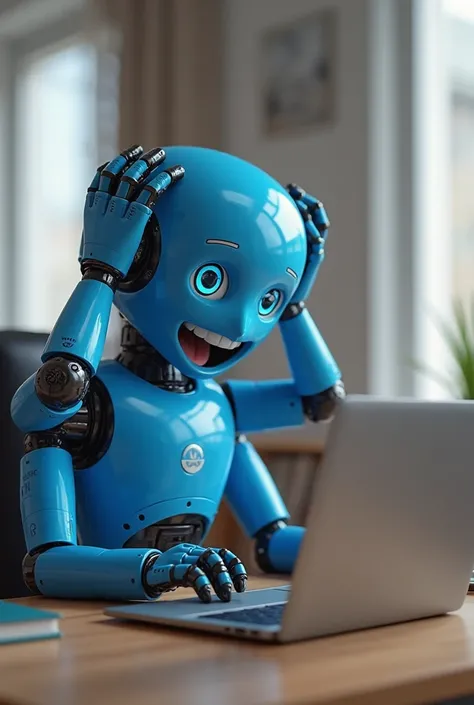 I need the image of a blue robot sitting completely on its side with an astonished face, with a notebook computer on the office desk, he must be looking at the laptop screen smiling happily with his hands on his head