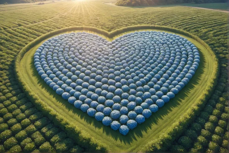 A perfect geometric heart-shaped artificial Nemophila flower field from aerial view, centered in a pristine blue sky, Nemophila flower field shaped exactly like a valentine heart symbol, aerial photography, morning light, photorealistic, ultra HD drone pho...