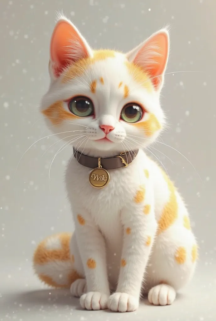 A white cat with golden spots wearing a collar written wiki