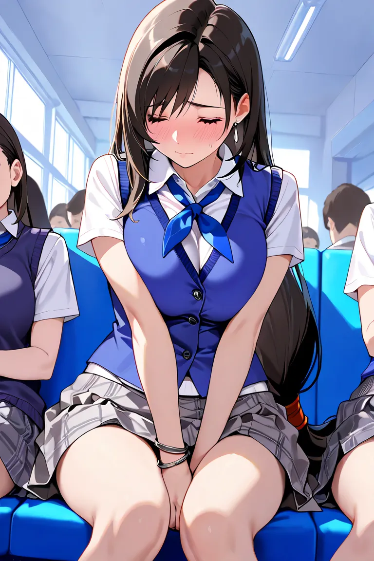  masterpiece, Highest quality, High Resolution, woman１people,Tifa, (close eyes,) ,Blue neckerchief, (bright color, bright room), collared shirt, sweater vest,big breasts,(Blue Vest:1.2), Short sleeve, Discipline Committee,bracelet,  plaid skirt,  Grey Skir...