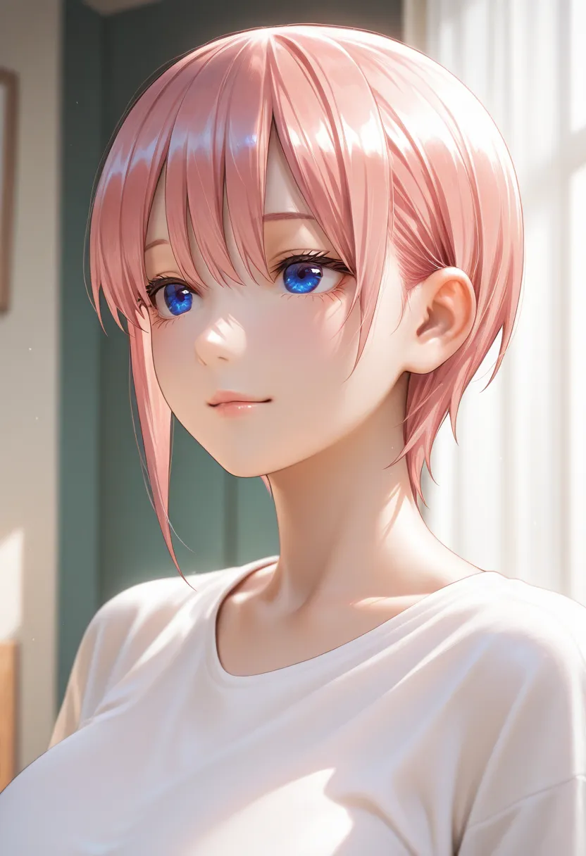 masterpiece, best quality, vibrant, very aesthetic, high contrast, photorealistic portrait,beautiful detailed face,detailed texture,detailed skin, newest, 1girl,Gotoubun no Hanayome,source_Gotoubun no Hanayome,nakano ichika,shirt,room
