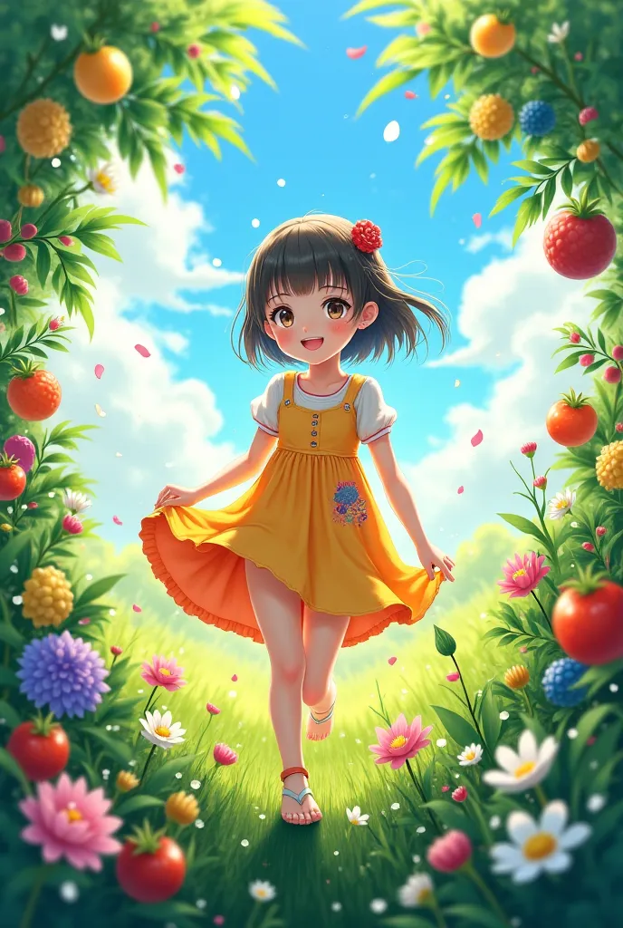 Draw an anime girl in the green field of flowers and fruits 