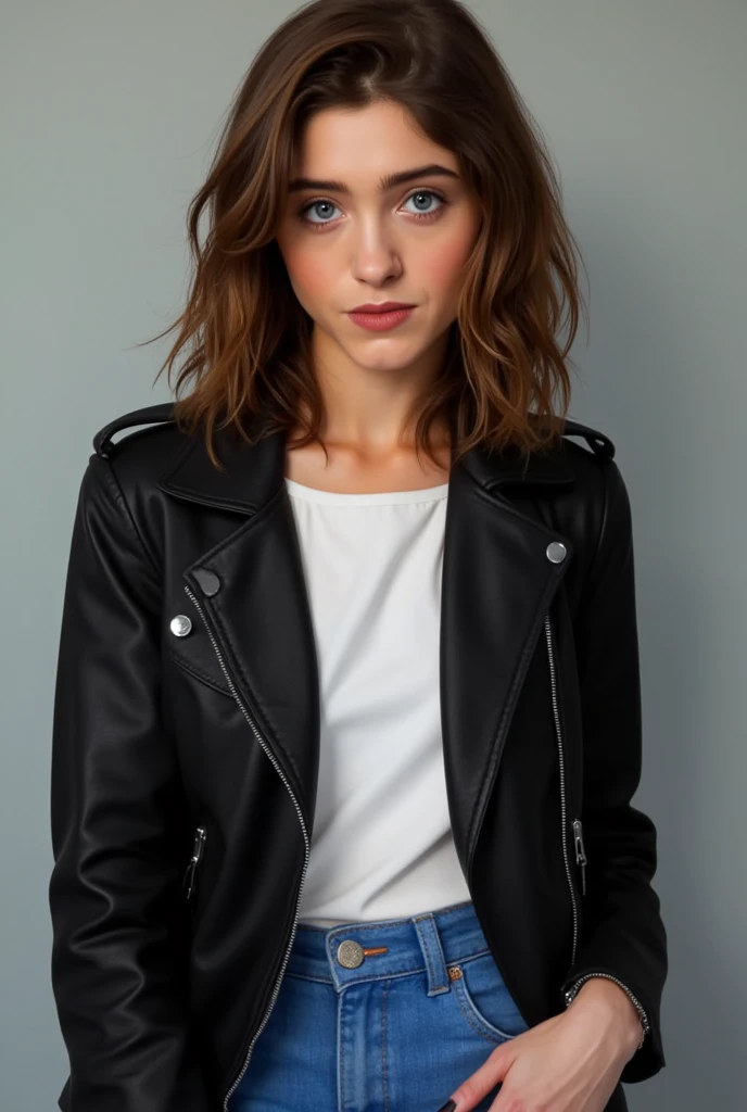 Natalia Dyer, (shoulder length brunette wavy hair), ((wearing black leather jacket white top and blue jeans))