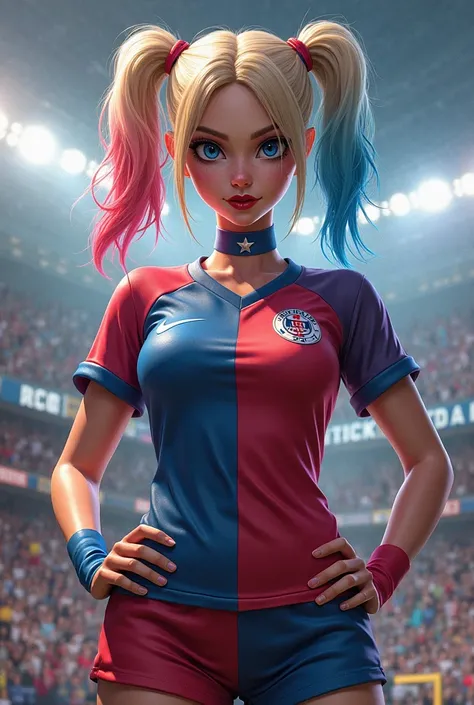 I create the image of Harley Quinn wearing a blue and red soccer shirt