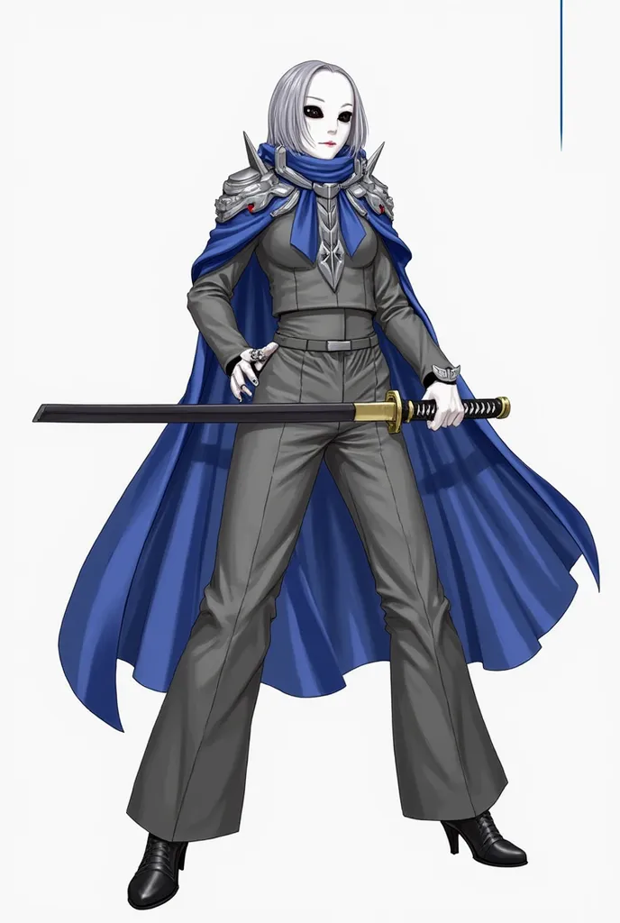 solo, faceless, 1female, full face white mask white black eyes, grey hair, grey clothing bodysuit, open wide trousers pants, pants touch boots, white gloves, black heels boots, blue long cape, cape covered body, cape touches the ground, shoulders armors, c...