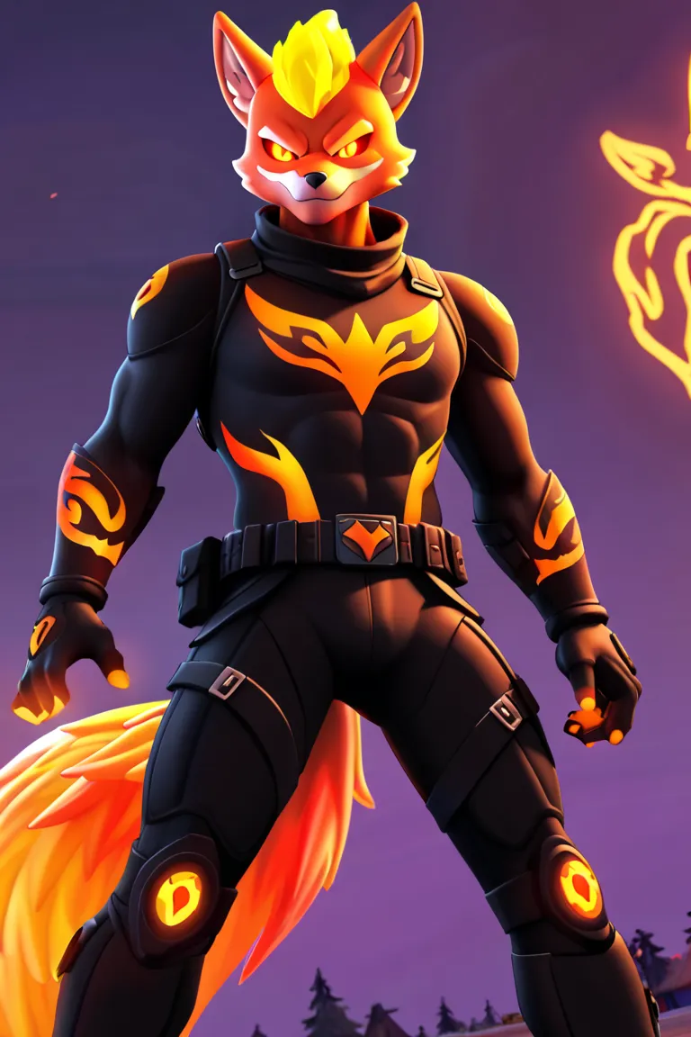  Beast Man　fox　 Orange Glowing Eyes 　Black combat uniform　Phoenix in Fortnite