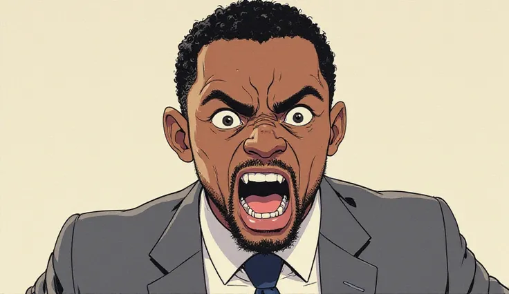 black man desperate and surprised face, open mouth and open eyes, wearing suit