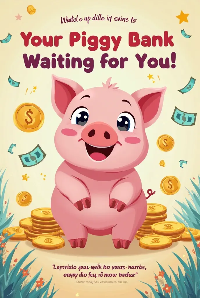 Create an image following the criteria:**Title:**  
"Your Piggy Bank is Waiting for You!"

**Main Content:**  
- **illustration:** A big and smiling piggy bank, with bright eyes and a cute body. The piglet is surrounded by golden coins and colored notes th...