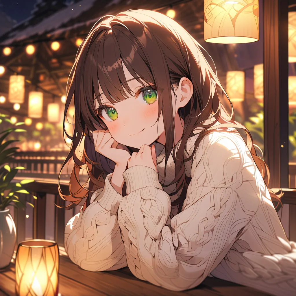 alone,nsfw,brown hair, green eyes、Highest quality, ultra detail, illustrations,cute, knitted sweater,I'm so laughing