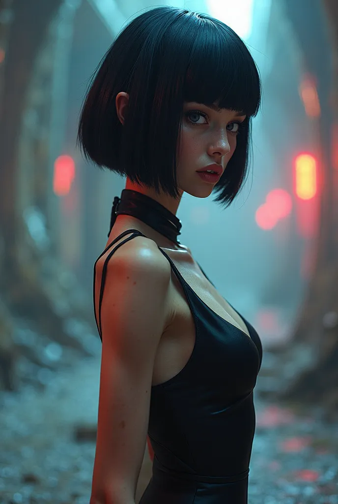 a curvaceous alien woman, short black bob hair, extravagant eyes, photorealistic, intricate facial features, elegant posture, serene expression, futuristic sci-fi environment, alien landscape, glowing atmospheric lighting, cinematic composition, 8k,ultra-d...