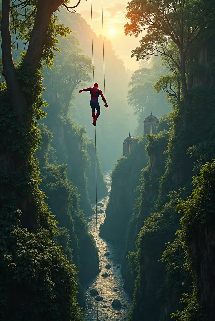 A hyper-realistic aerial view of a dense, mist-shrouded jungle at twilight. Sunlight pierces through emerald canopies, illuminating vines, ancient ruins, and a hidden river snaking below. Spider-Man swings silently between trees, his red-and-blue suit glow...