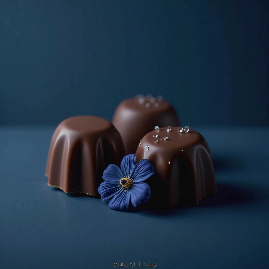 Create a luxurious image for a premium handmade chocolate brand with an elegant deep blue theme. The design should feel exclusive and sophisticated, perfect for online marketing.

Design Guidelines:
Chocolates as the Focus: Display only 2-3 exquisite choco...