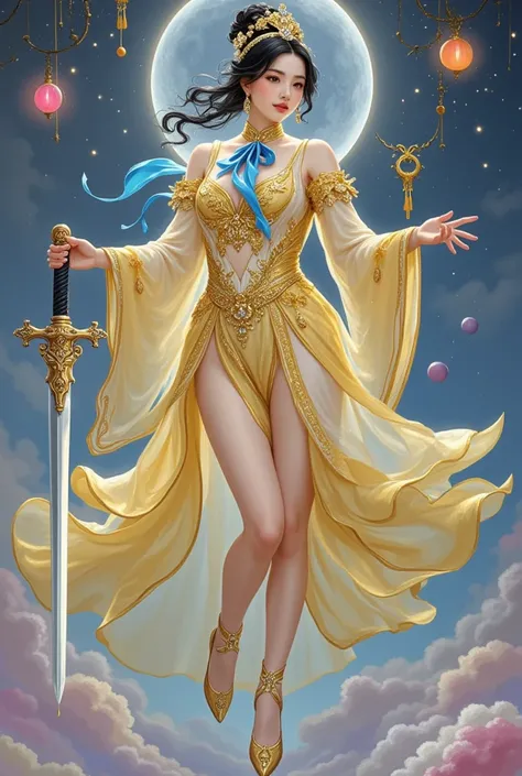 Beautiful Chinese art style illustration，Depicts a queen holding a sword and a magic altar。He wears a beautiful golden dress.，A blue ribbon is tied around his neck。The queen has dark hair and dark eyes，The background is a Chinese fantasy world with mytholo...