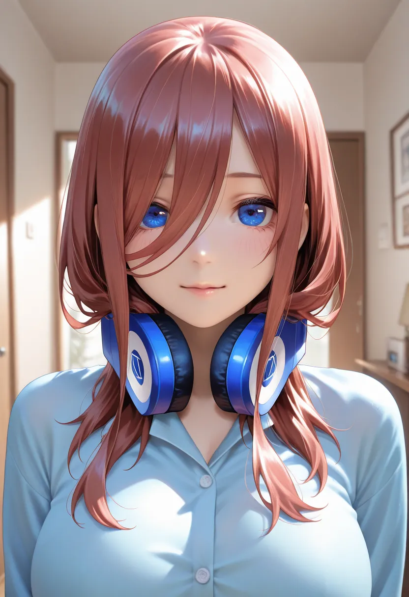 masterpiece, best quality, vibrant, very aesthetic, high contrast, photorealistic portrait,beautiful detailed face,detailed texture,detailed skin, newest, 1girl,Gotoubun no Hanayome,source_Gotoubun no Hanayome,nakano miku,shirt,room
