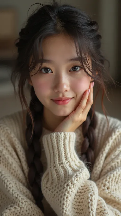 
A sweet Thai girl with long, braided hair, resting her chin on her palm while looking at the camera with a gentle smile. Her oversized sweater and soft lighting make her look extra cozy and lovable