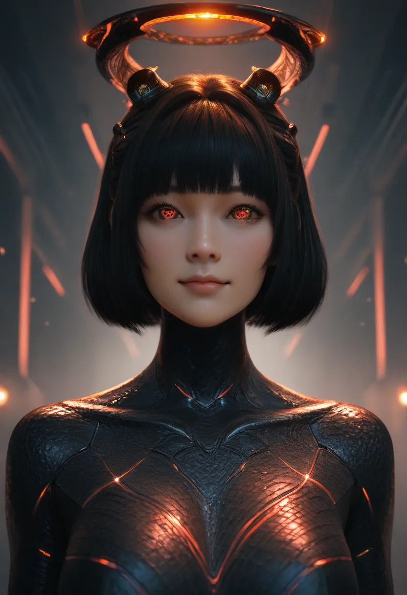 a curvaceous alien woman, short black bob hair, extravagant eyes, photorealistic, intricate facial features, elegant posture, serene expression, futuristic sci-fi environment, alien landscape, glowing atmospheric lighting, cinematic composition, 8k,ultra-d...