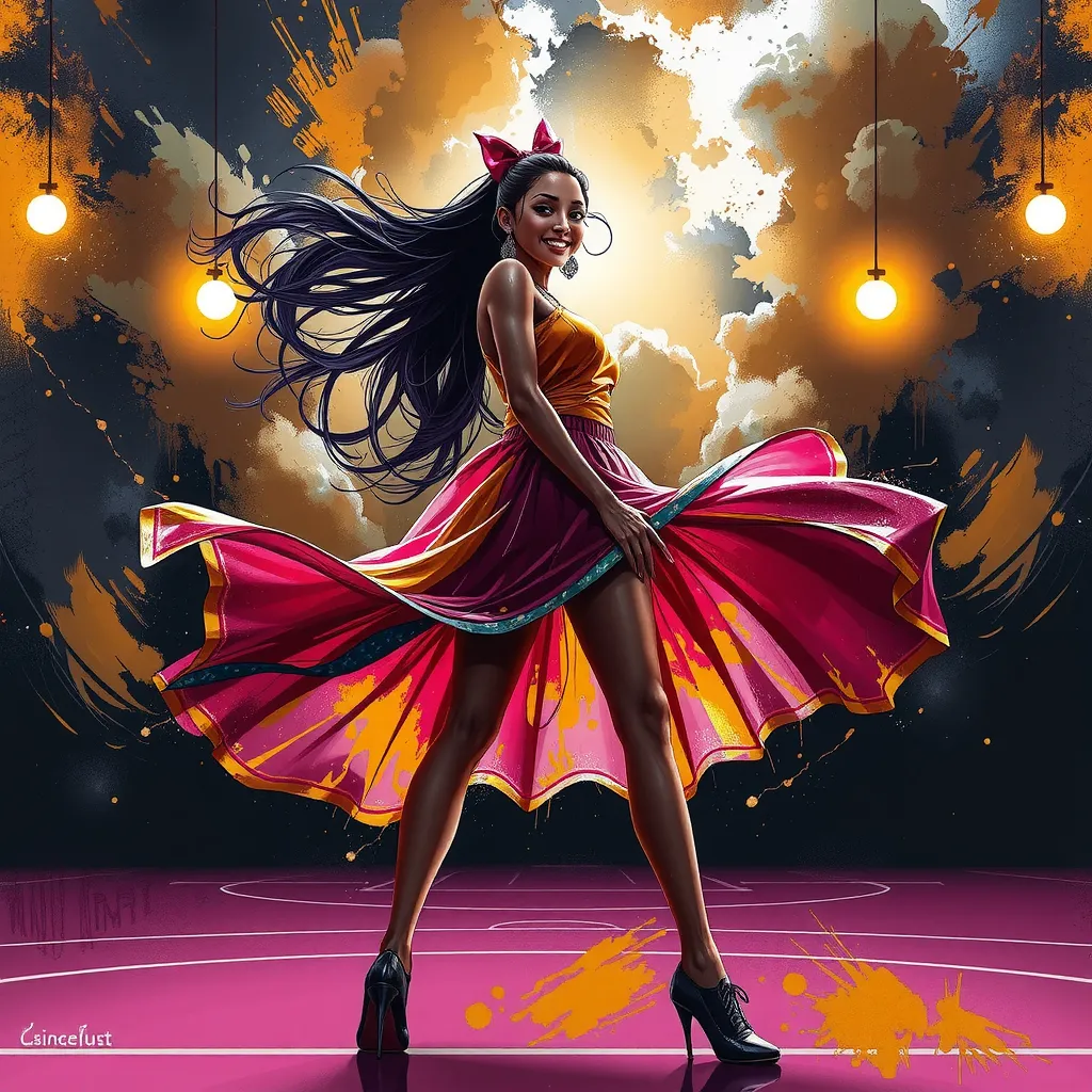 Beautiful painting of a  woan standing in a beautiful  basketball court,holding a basketball, strong smiling expression,pink & yellow shimmering short kurti , pink basketball court, light shining down on her, very very long hair tied with  ribbon, messy pa...