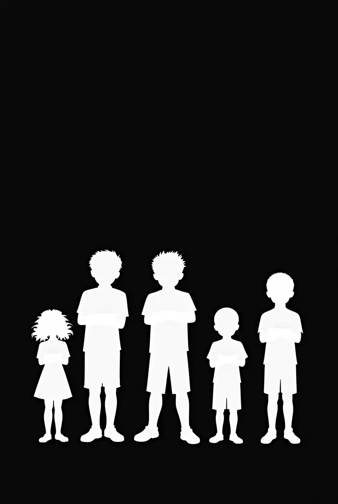 Drawing of 5 white silhouettes of 5 people on a black background. 4 of these people are boys, And a girl. All with arms crossed. The boy in the middle is the tallest and has a light physique, the boy on your left is smaller than the middle boy, and the boy...