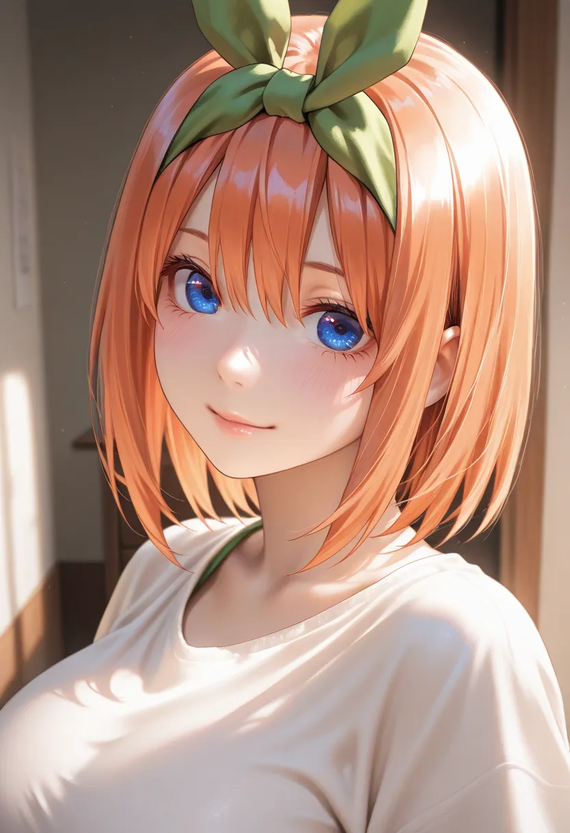 masterpiece, best quality, vibrant, very aesthetic, high contrast, photorealistic portrait,beautiful detailed face,detailed texture,detailed skin, newest, 1girl,Gotoubun no Hanayome,source_Gotoubun no Hanayome,nakano yotsuba,shirt,room
