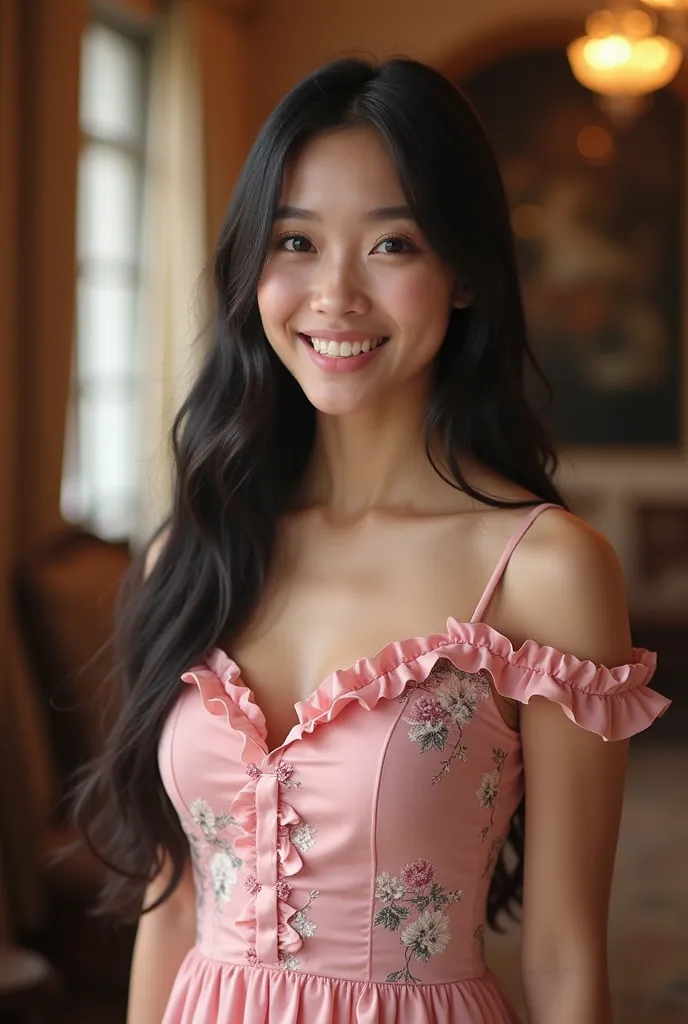 A photo of a 17-year-old Indonesian beauty woman, white skin, long black hair wearing pink dress flower motif, long skirt,  stands gracefully, smile at camera, her deep brown eyes reflecting warmth and confidence. The background is well-lit, creating a coz...