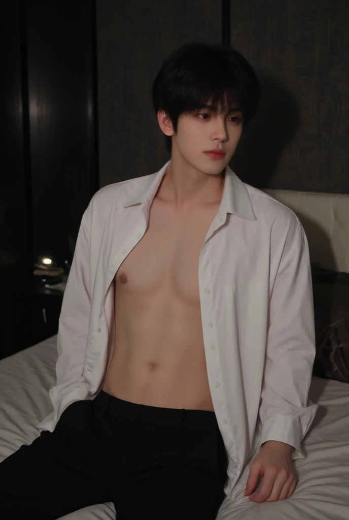 Young  asian high school boy, white uniform shirt is open abs can be seen, dynamic pose, laying in bed, trendy hair, 