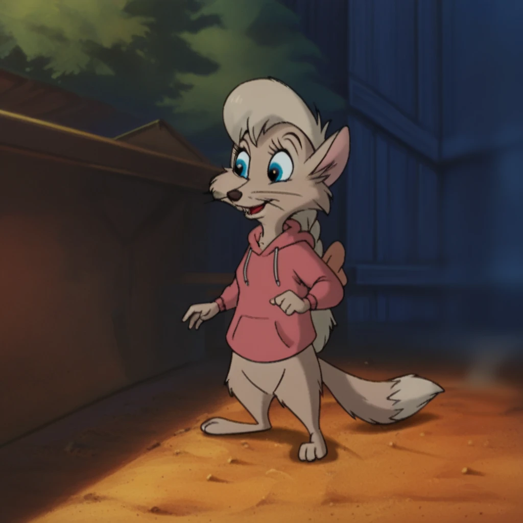 score_9, score_8_up, score_7_up, score_6_up, score_5_up, score_4_up, source_furry, jennynimh2, semi-anthro, female, fox, brown fur, ponytail, pink hoodie , blue eyes, outside, standing , pink bow, solo, 1girl Disney fox 